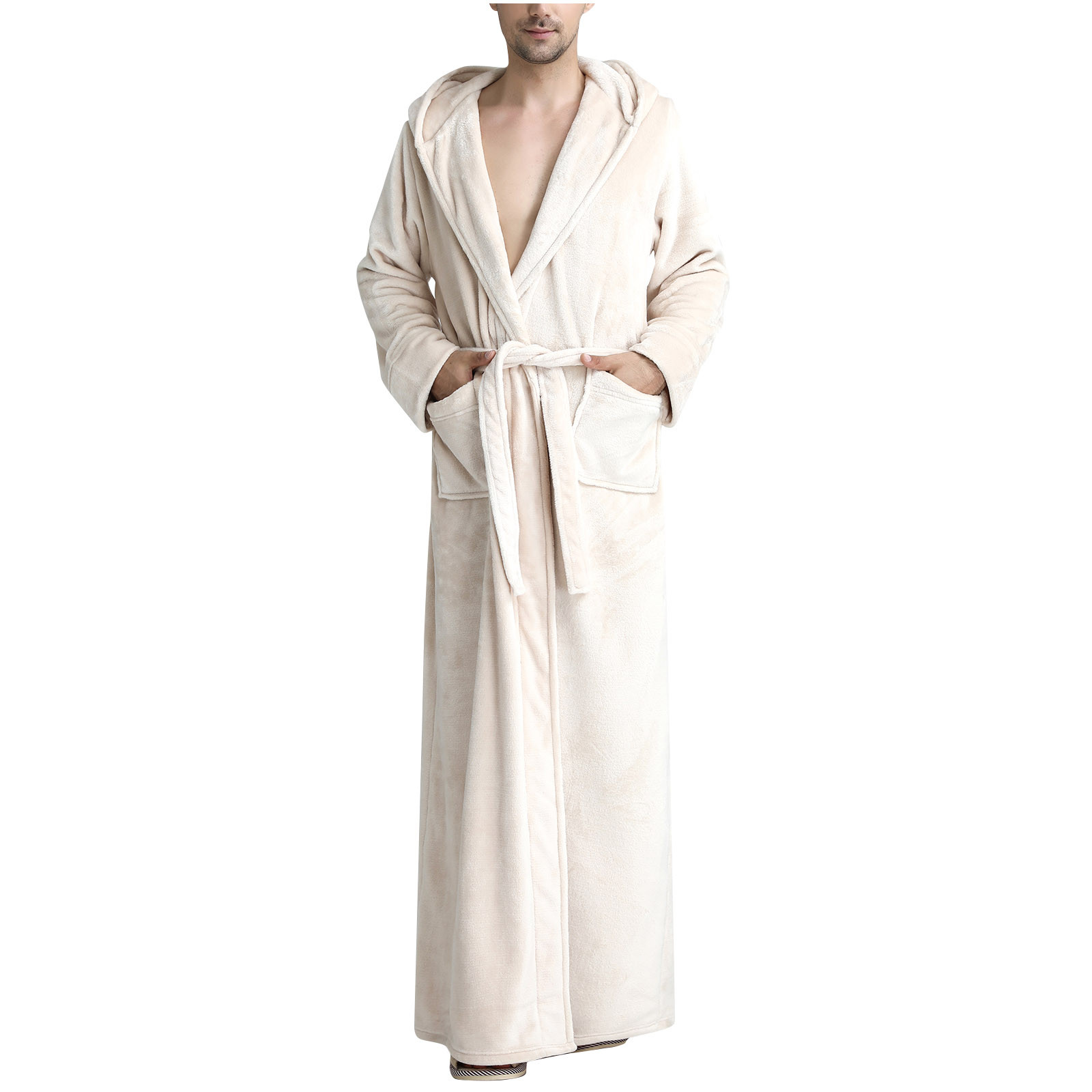 Hvyesh Mens Fuzzy Plush Long Hooded Bathrobe Full Length Terry Cloth Robes Couple Soft Home Pajamas Comfy Sleepwear Pajamas